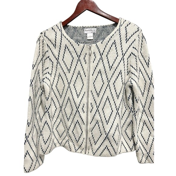 NorthStyle Geometric Cardigan Zipup Jacket White Cottagecore 90s Y2K Vibes Med - Picture 2 of 4